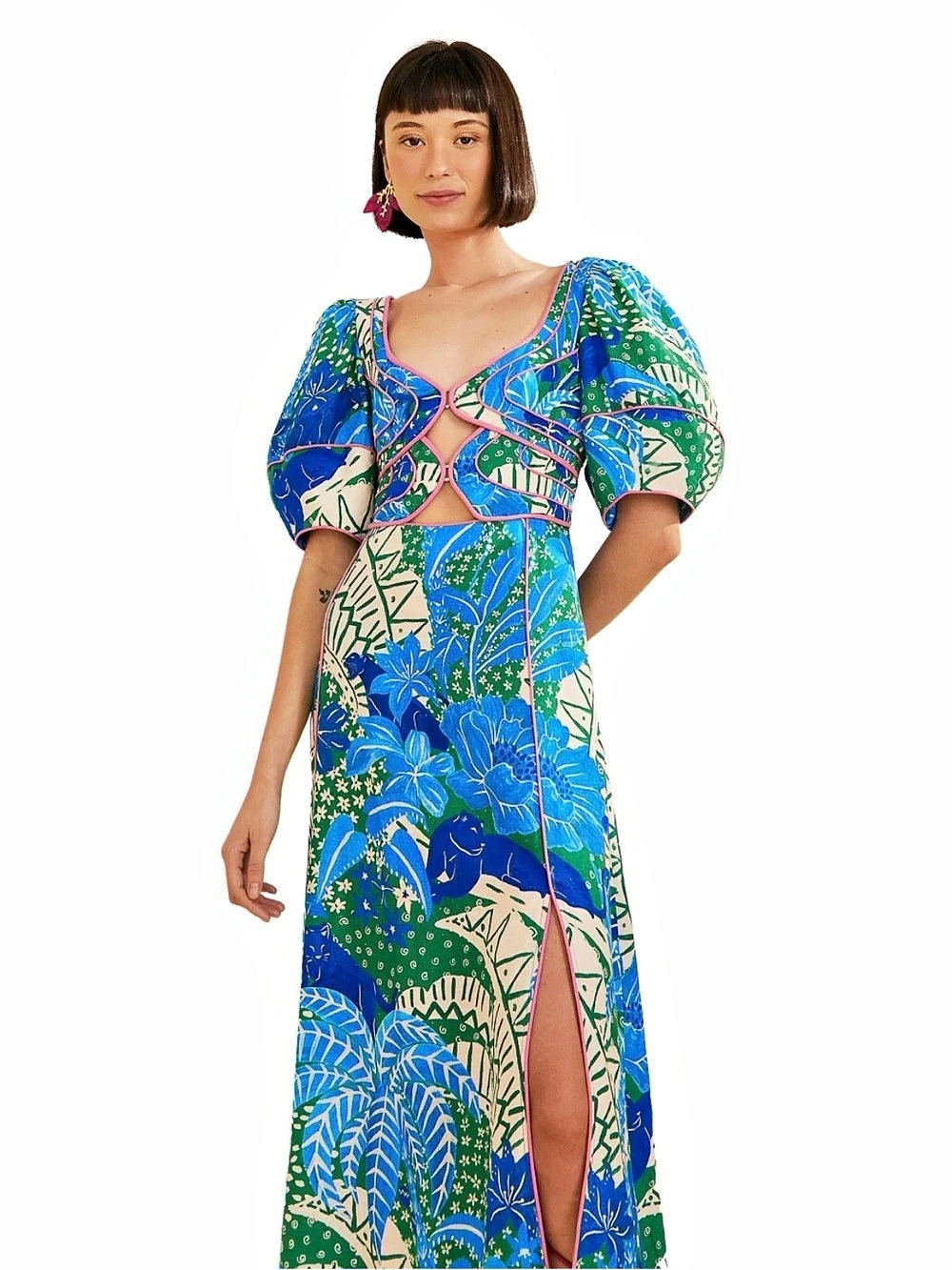 FARM Rio Royal Sea Linen-Blend Midi Dress, Blue & Green